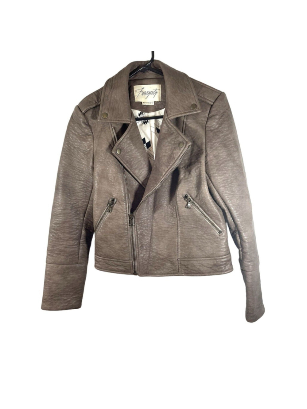 Fauxgerty Brown Vegan Leather Asymmetric Zip Silk Lined Jacket Sz XS